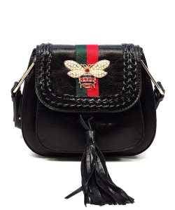 Queen Bee Stripe Tassel Saddle Crossbody Bag DL2767B BLACK